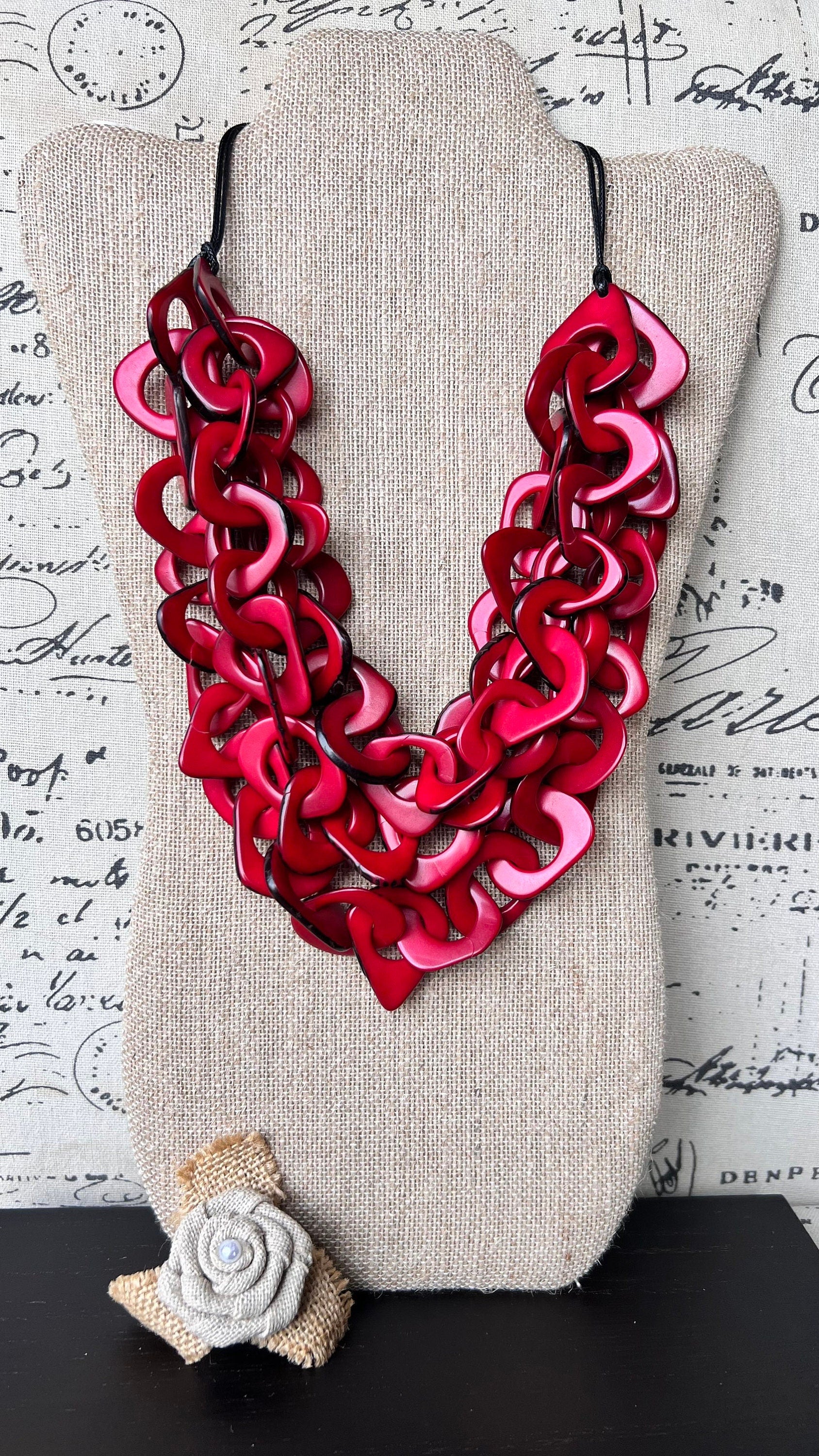 Red statement necklace Tagua jewelry Chunky funky necklaces Waterfall necklace Wearable art Multi layer necklace Chain link necklace