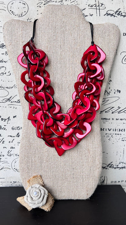 Red statement necklace Tagua jewelry Chunky funky necklaces Waterfall necklace Wearable art Multi layer necklace Chain link necklace