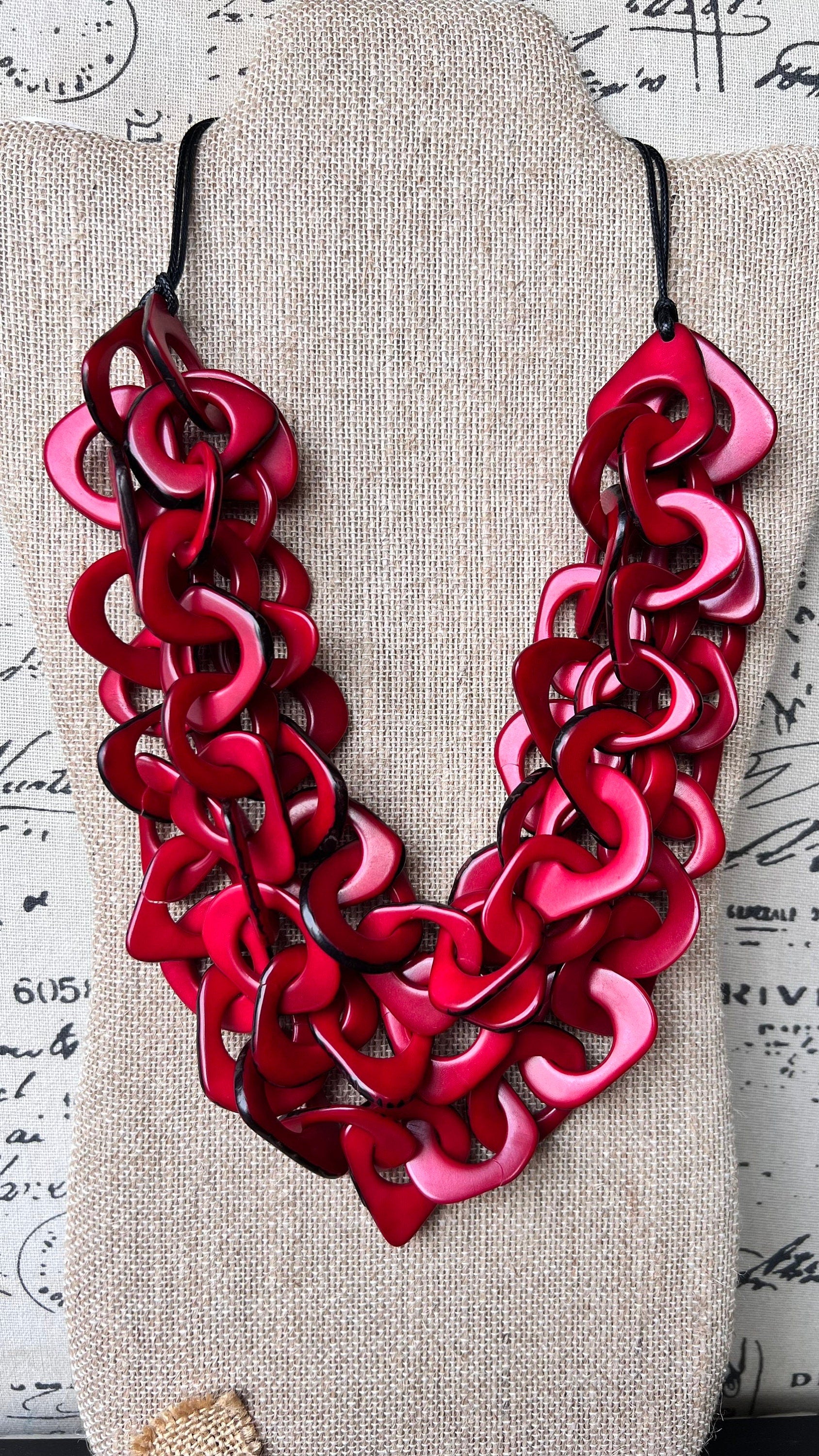Red statement necklace Tagua jewelry Chunky funky necklaces Waterfall necklace Wearable art Multi layer necklace Chain link necklace