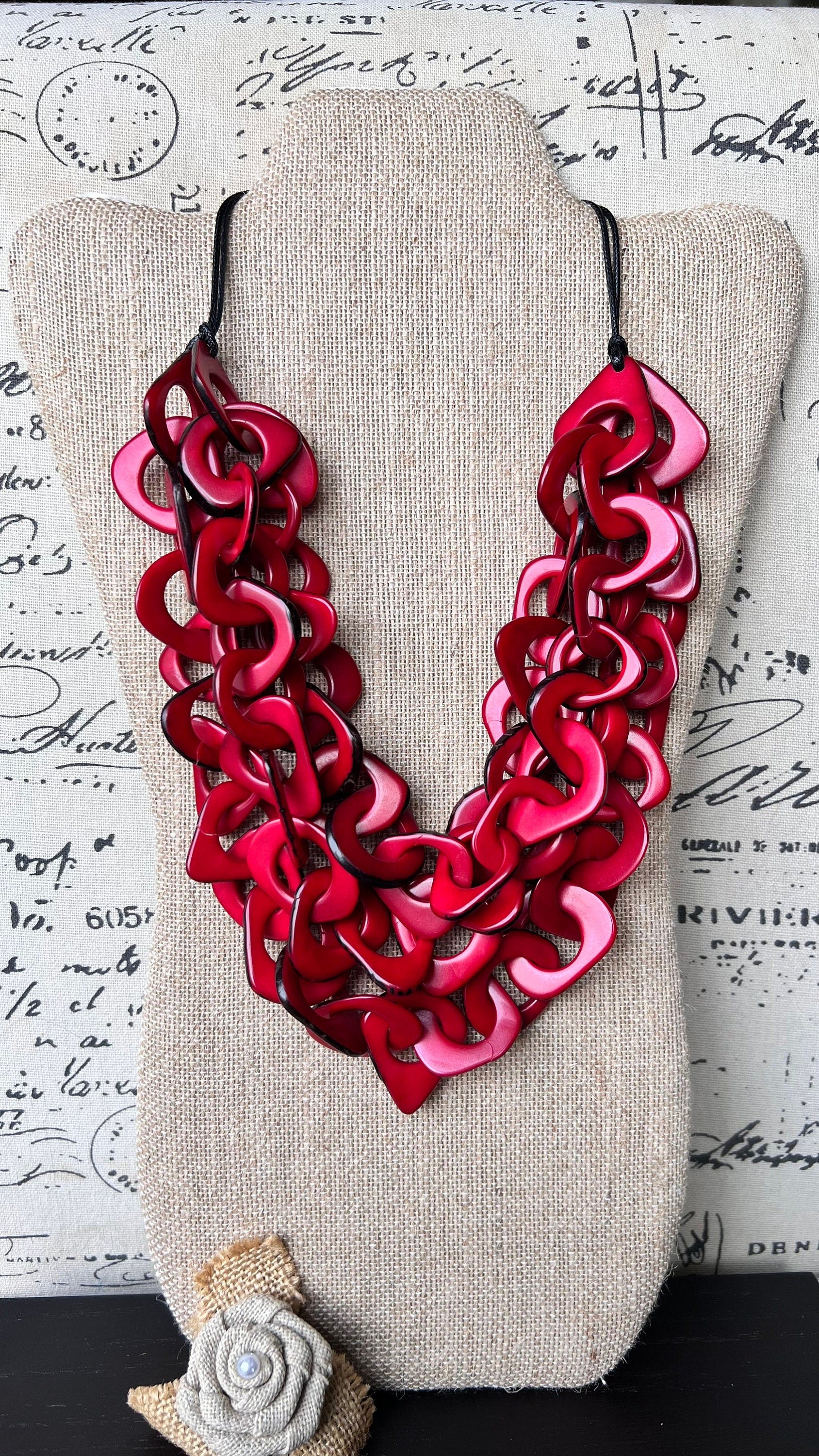 Red statement necklace Tagua jewelry Chunky funky necklaces Waterfall necklace Wearable art Multi layer necklace Chain link necklace