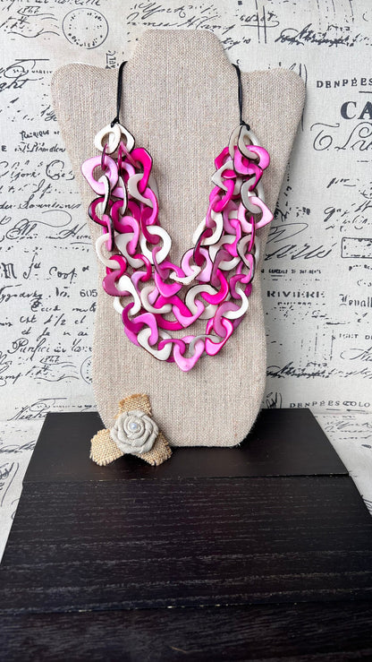 Pink and White necklace Big bold necklaces Tagua jewelry Spring fashion trends Wearable art Adjustable cord Mothers day gifts Art to wear