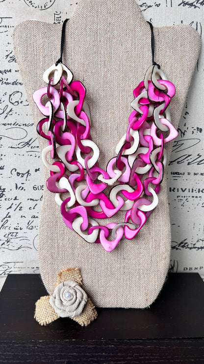 Pink and White necklace Big bold necklaces Tagua jewelry Spring fashion trends Wearable art Adjustable cord Mothers day gifts Art to wear
