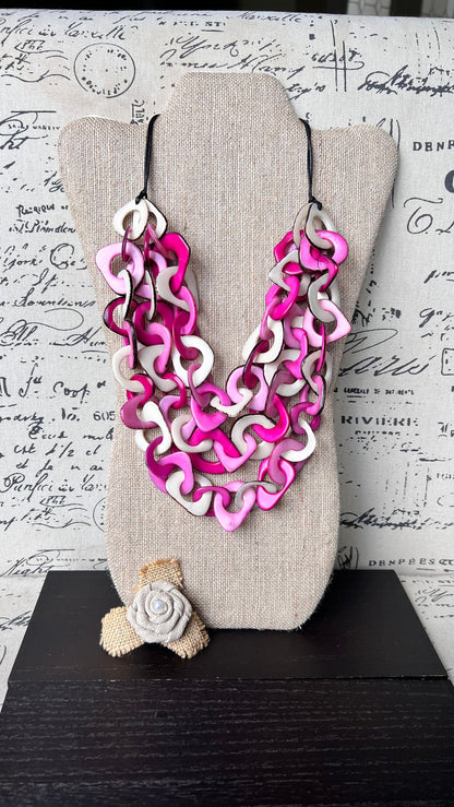 Pink and White necklace Big bold necklaces Tagua jewelry Spring fashion trends Wearable art Adjustable cord Mothers day gifts Art to wear