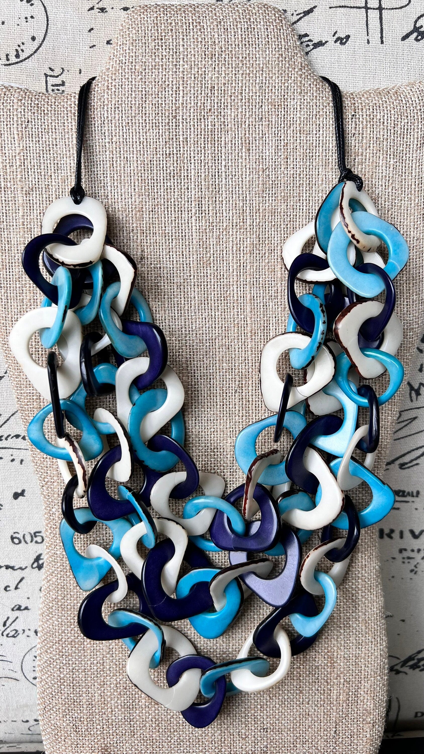 Turquoise blue and white statement necklace Tagua jewelry Big bold necklaces Adjustable cord Fall fashion 2025s Wearable art Multi layer