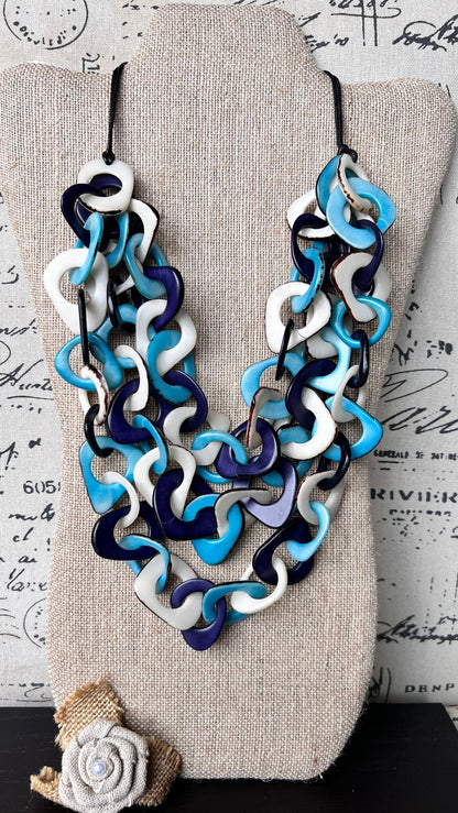 Turquoise blue and white statement necklace Tagua jewelry Big bold necklaces Adjustable cord Fall fashion 2025s Wearable art Multi layer