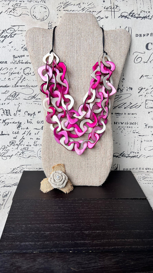 Pink and White necklace Big bold necklaces Tagua jewelry Spring fashion trends Wearable art Adjustable cord Mothers day gifts Art to wear