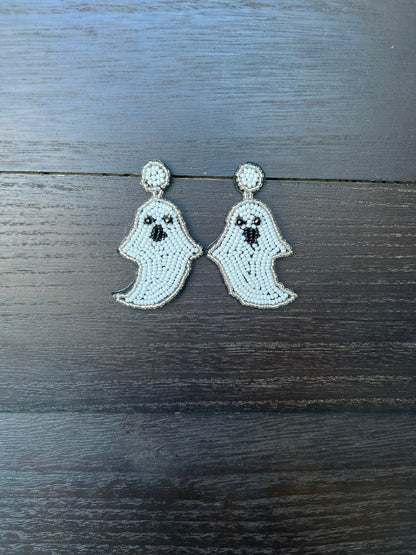 Halloween earrings jewelry Ghost spooky season jewelry Halloween themed beaded jewelry Seed bead drop earrings Fall fashion trend For party
