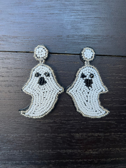 Halloween earrings jewelry Ghost spooky season jewelry Halloween themed beaded jewelry Seed bead drop earrings Fall fashion trend For party