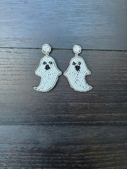 Halloween earrings jewelry Ghost spooky season jewelry Halloween themed beaded jewelry Seed bead drop earrings Fall fashion trend For party