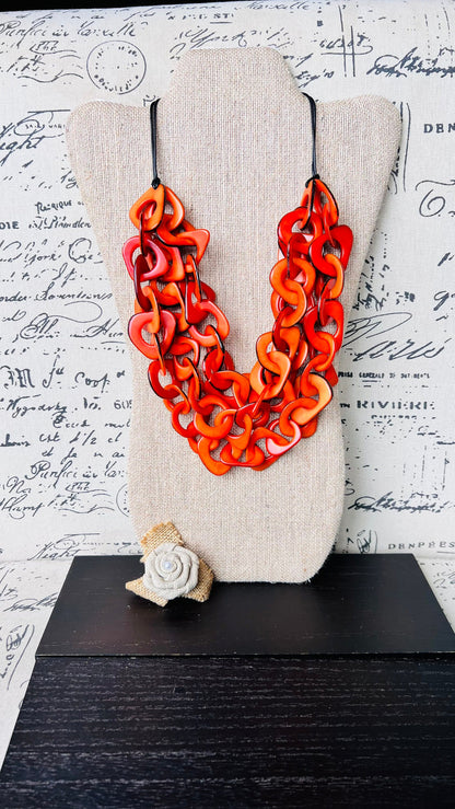 Orange statement necklace Tagua nut jewelry Adjustable collar Big bold chunky necklaces Holiday fashion 2024 Wearable art Christmas gifts