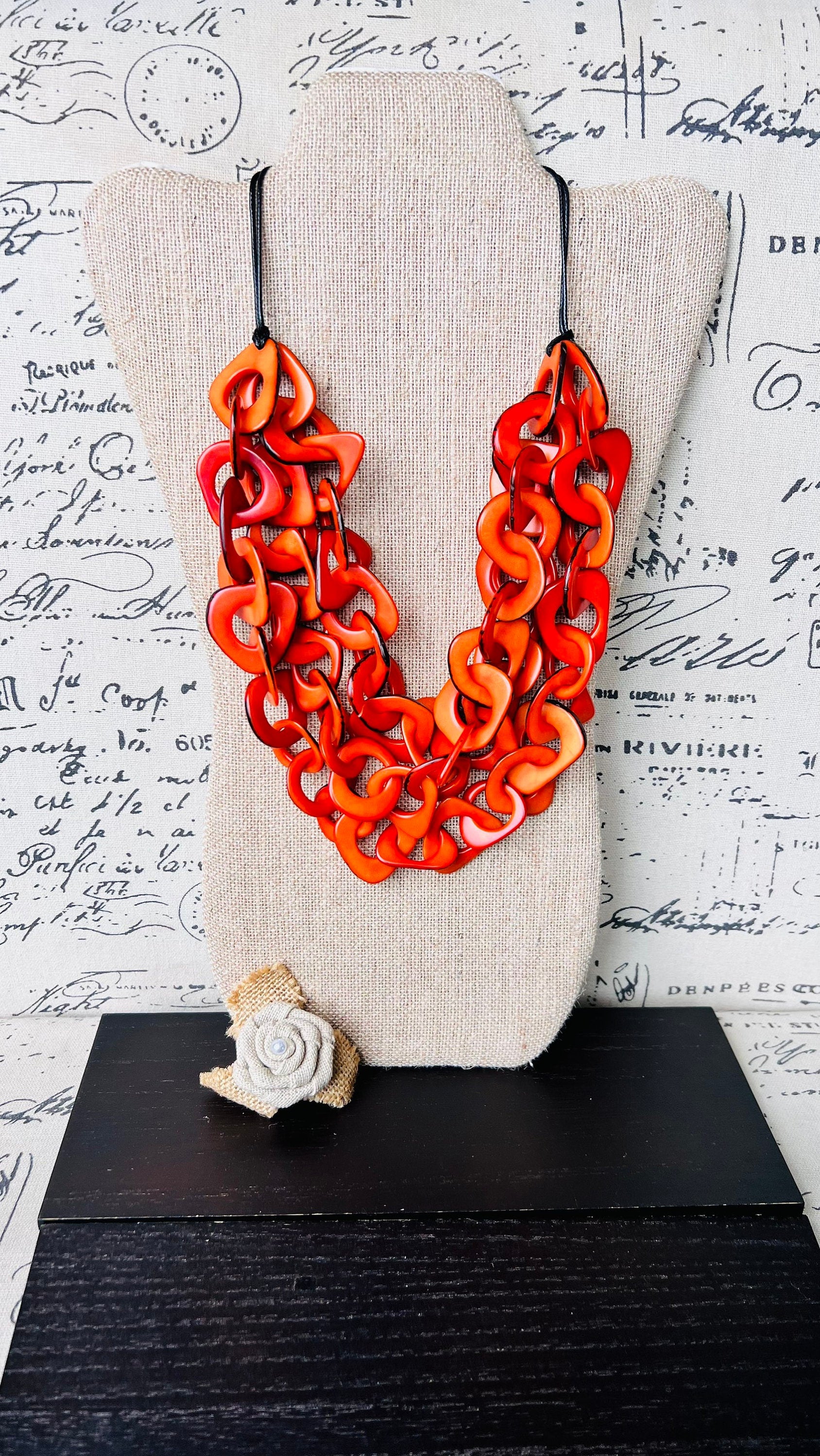 Orange statement necklace Tagua nut jewelry Adjustable collar Big bold chunky necklaces Fall fashion Wearable art Beach style Cruise wear