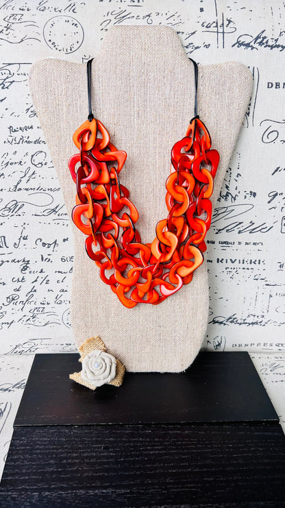 Orange statement necklace Tagua nut jewelry Adjustable collar Big bold chunky necklaces Fall fashion Wearable art Beach style Cruise wear