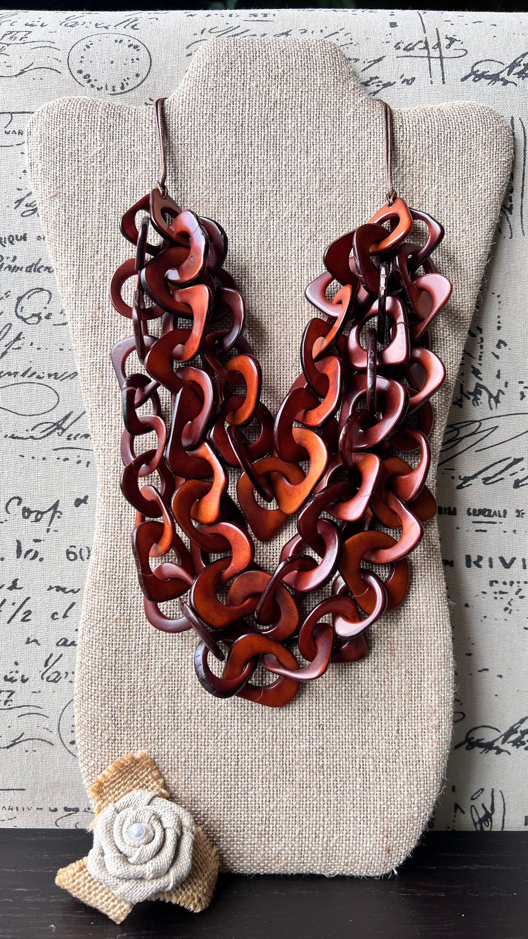 Brown statement necklace Artsy gifts Tagua jewelry Big bold necklaces Mothers day gift ideas Wearable art Fashionable jewelry Scarf necklace
