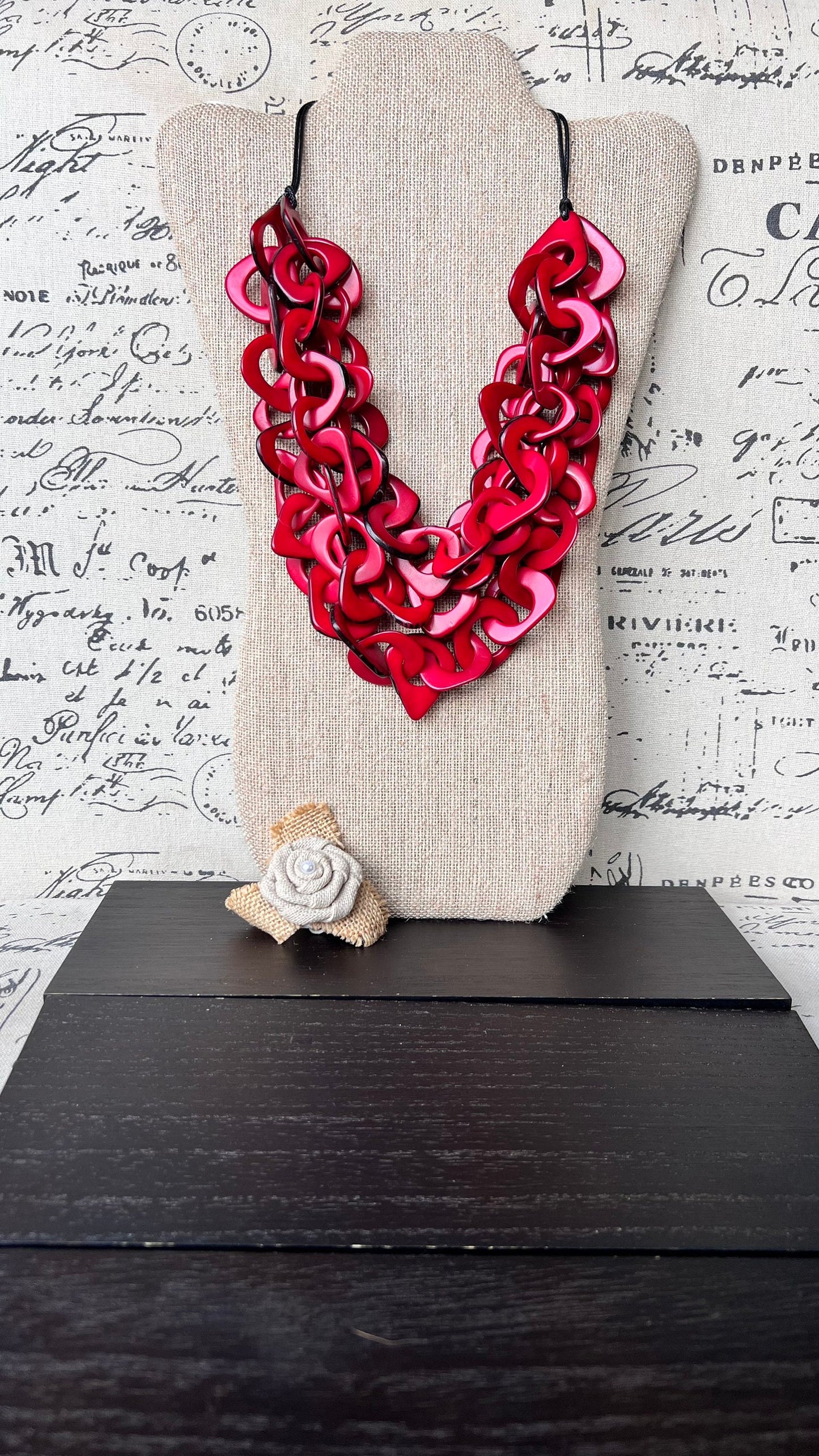 Red statement necklace Tagua jewelry Chunky funky necklaces Waterfall necklace Wearable art Multi layer necklace Chain link necklace