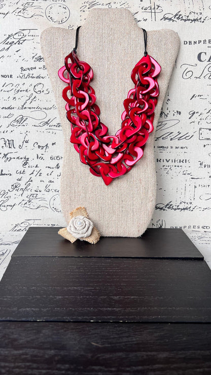 Red statement necklace Tagua jewelry Chunky funky necklaces Waterfall necklace Wearable art Multi layer necklace Chain link necklace