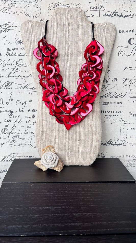 Red statement necklace Tagua jewelry Chunky funky necklaces Waterfall necklace Wearable art Multi layer necklace Chain link necklace