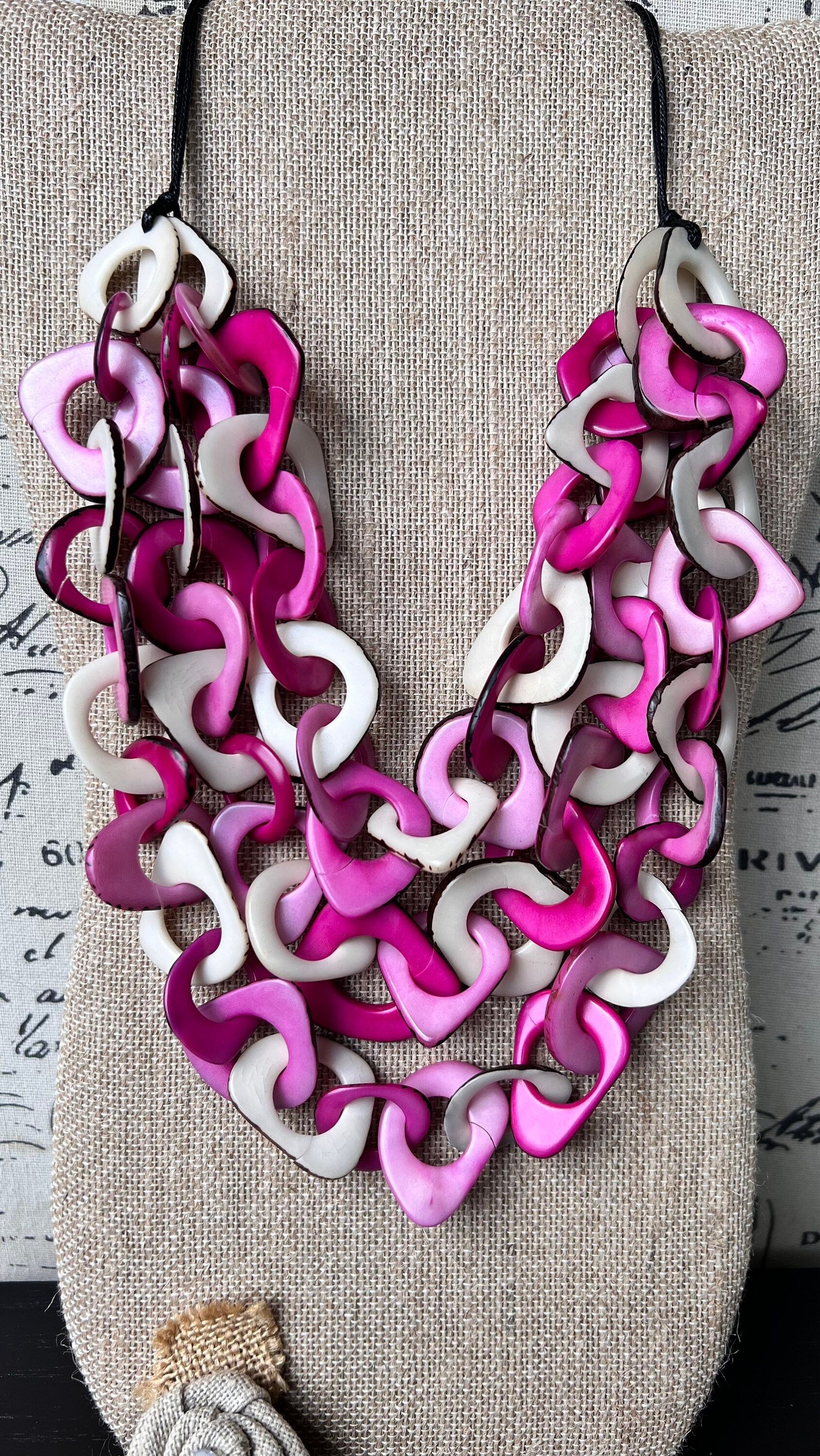 Pink and White necklace Big bold necklaces Tagua jewelry Spring fashion trends Wearable art Adjustable cord Mothers day gifts Art to wear
