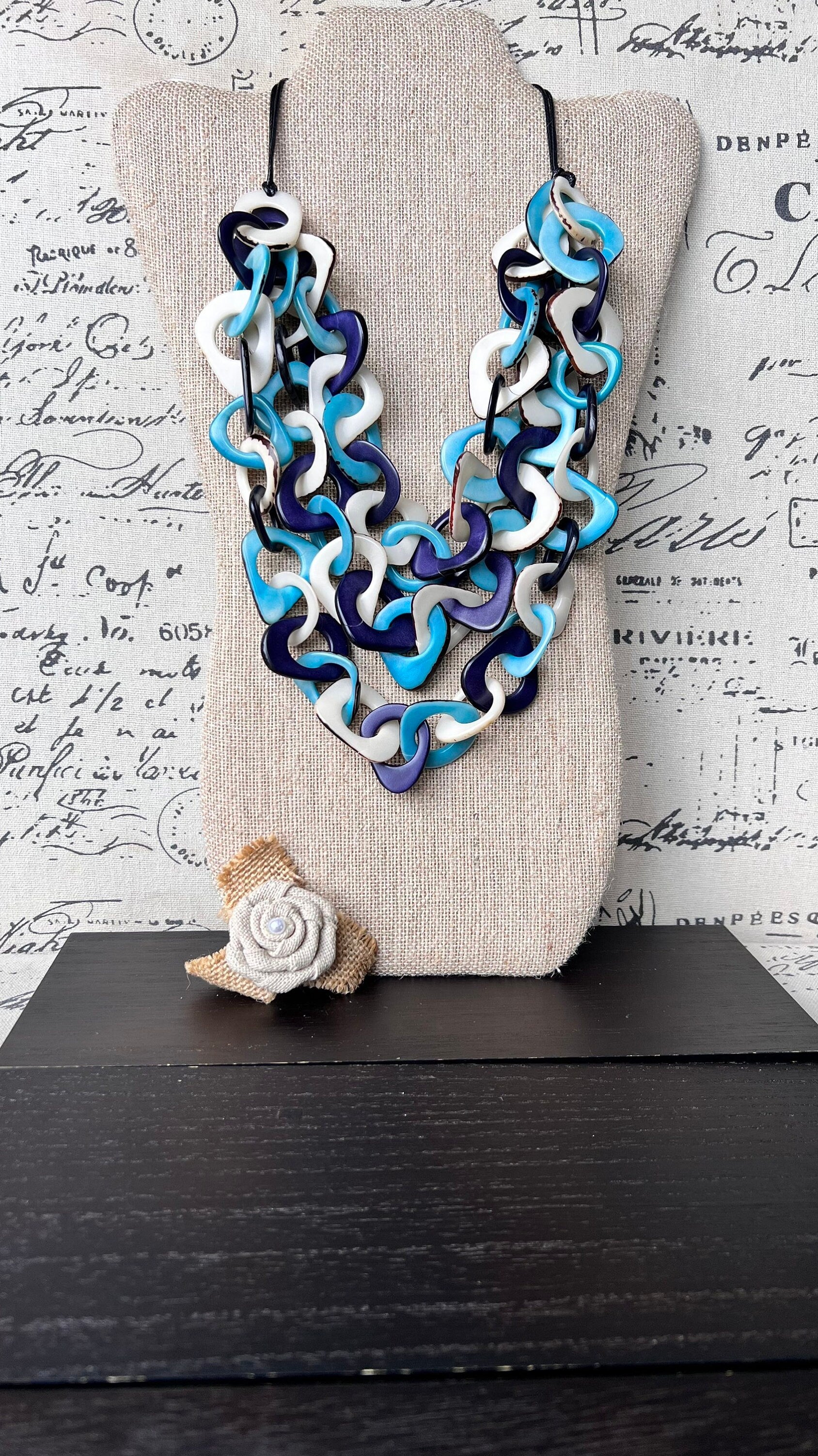 Turquoise blue and white statement necklace Tagua jewelry Big bold necklaces Adjustable cord Fall fashion 2025s Wearable art Multi layer