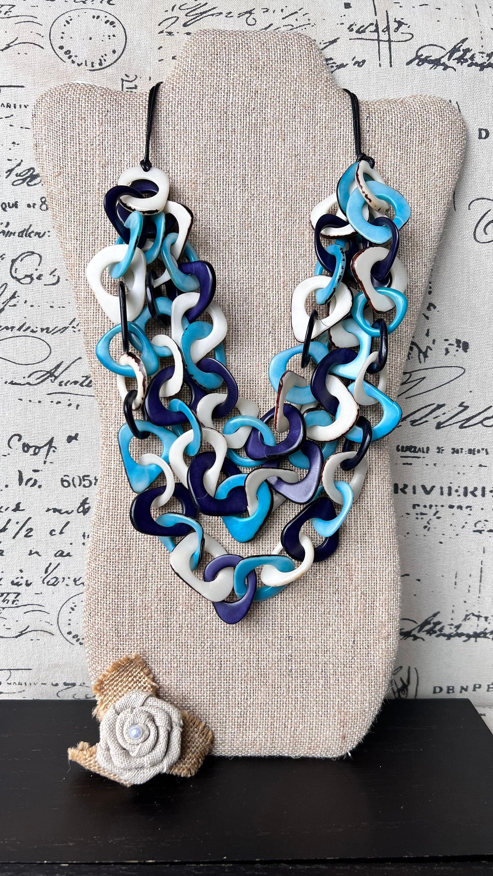 Turquoise blue and white statement necklace Tagua jewelry Big bold necklaces Adjustable cord Fall fashion 2025s Wearable art Multi layer