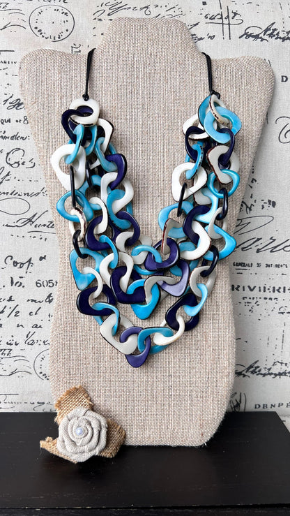 Turquoise blue and white statement necklace Tagua jewelry Big bold necklaces Adjustable cord Fall fashion 2025s Wearable art Multi layer