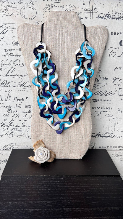 Turquoise blue and white statement necklace Tagua jewelry Big bold necklaces Adjustable cord Fall fashion 2025s Wearable art Multi layer