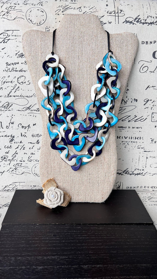 Turquoise blue and white statement necklace Tagua jewelry Big bold necklaces Adjustable cord Fall fashion 2025s Wearable art Multi layer