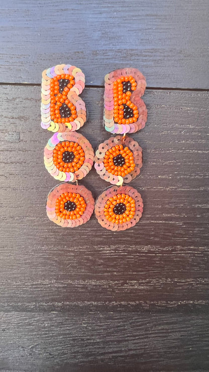 Boo seed bead earrings Halloween jewelry for women Seed bead drop earrings Fall fashion trend Orange long lightweight dangles
