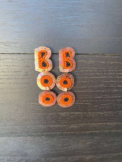 Boo seed bead earrings Halloween jewelry for women Seed bead drop earrings Fall fashion trend Orange long lightweight dangles