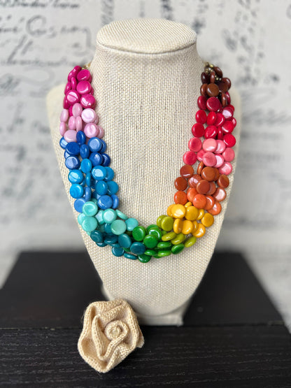 Rainbow statement necklace Big bold necklace Wearable art Tagua jewelry Artsy gifts Pride jewelry Art to wear Multi strand necklace
