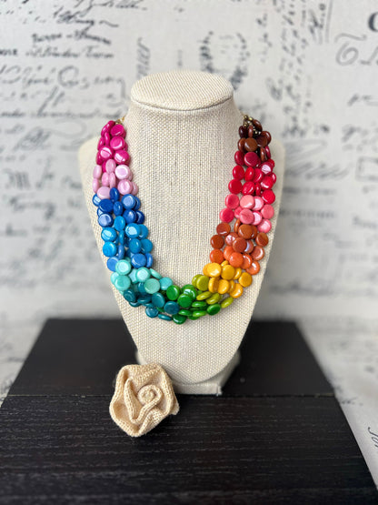 Rainbow statement necklace Big bold necklace Wearable art Tagua jewelry Artsy gifts Pride jewelry Art to wear Multi strand necklace