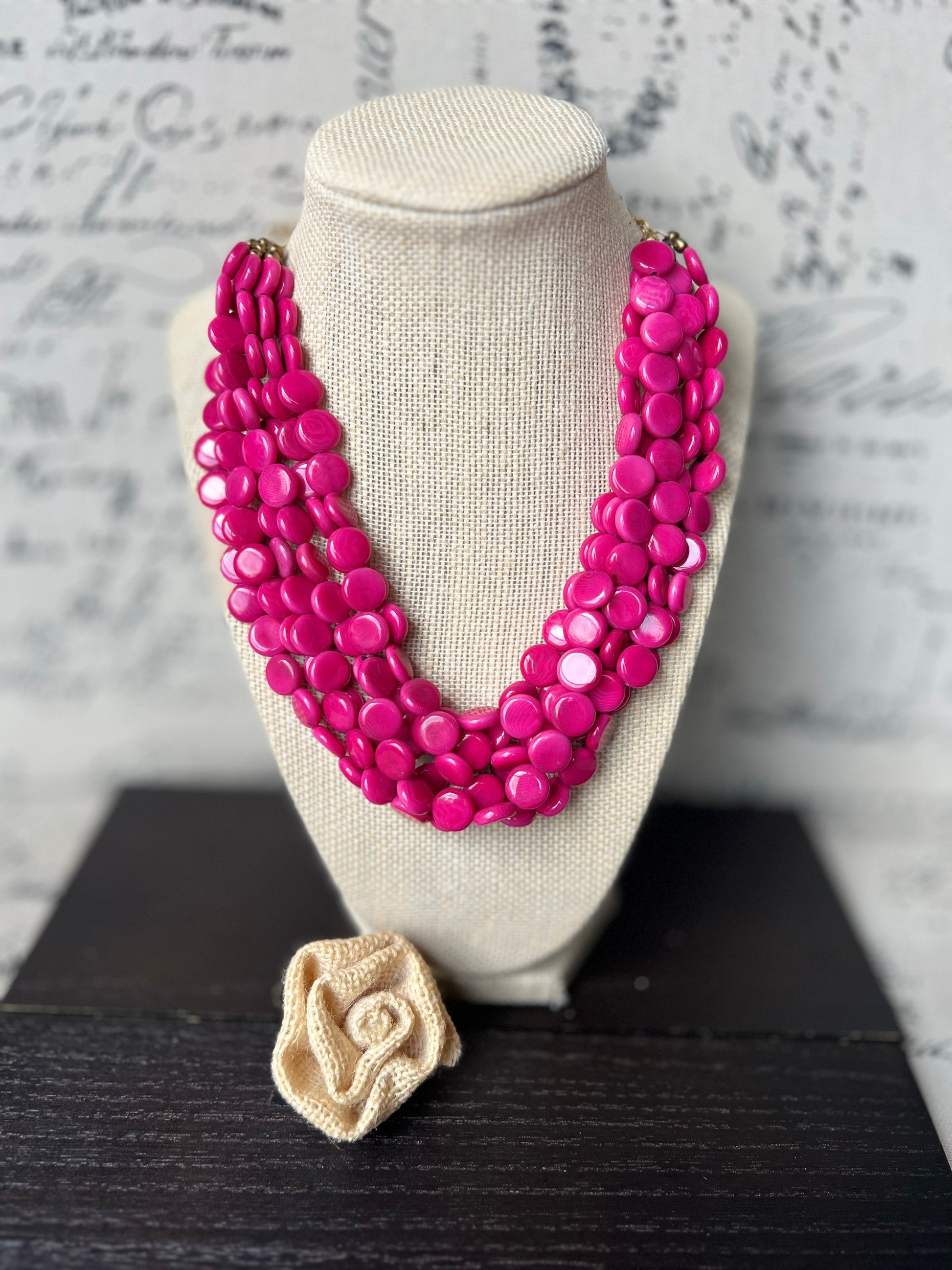 Hot pink necklace Big bold chunky necklace Tagua jewelry Valentine’s Day gifts Spring fashion trends Statement beaded necklace Easter outfit