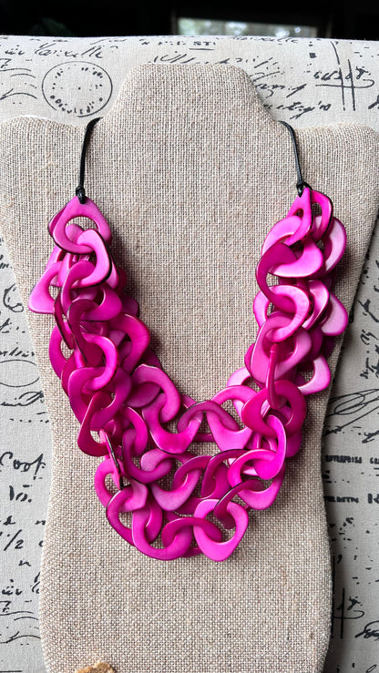 Pink statement necklace Chain link necklace chunky Tagua jewelry Funky chunky necklaces Fall fashion 2025 Wearable art Multi layer necklace
