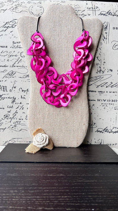 Pink statement necklace Chain link necklace chunky Tagua jewelry Funky chunky necklaces Fall fashion 2025 Wearable art Multi layer necklace