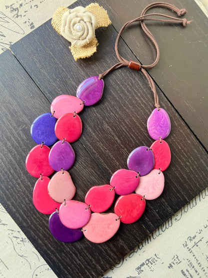 Pink & Purple Tagua Necklace, Adjustable Layered Bib Necklace, Double Layer and Lightweight