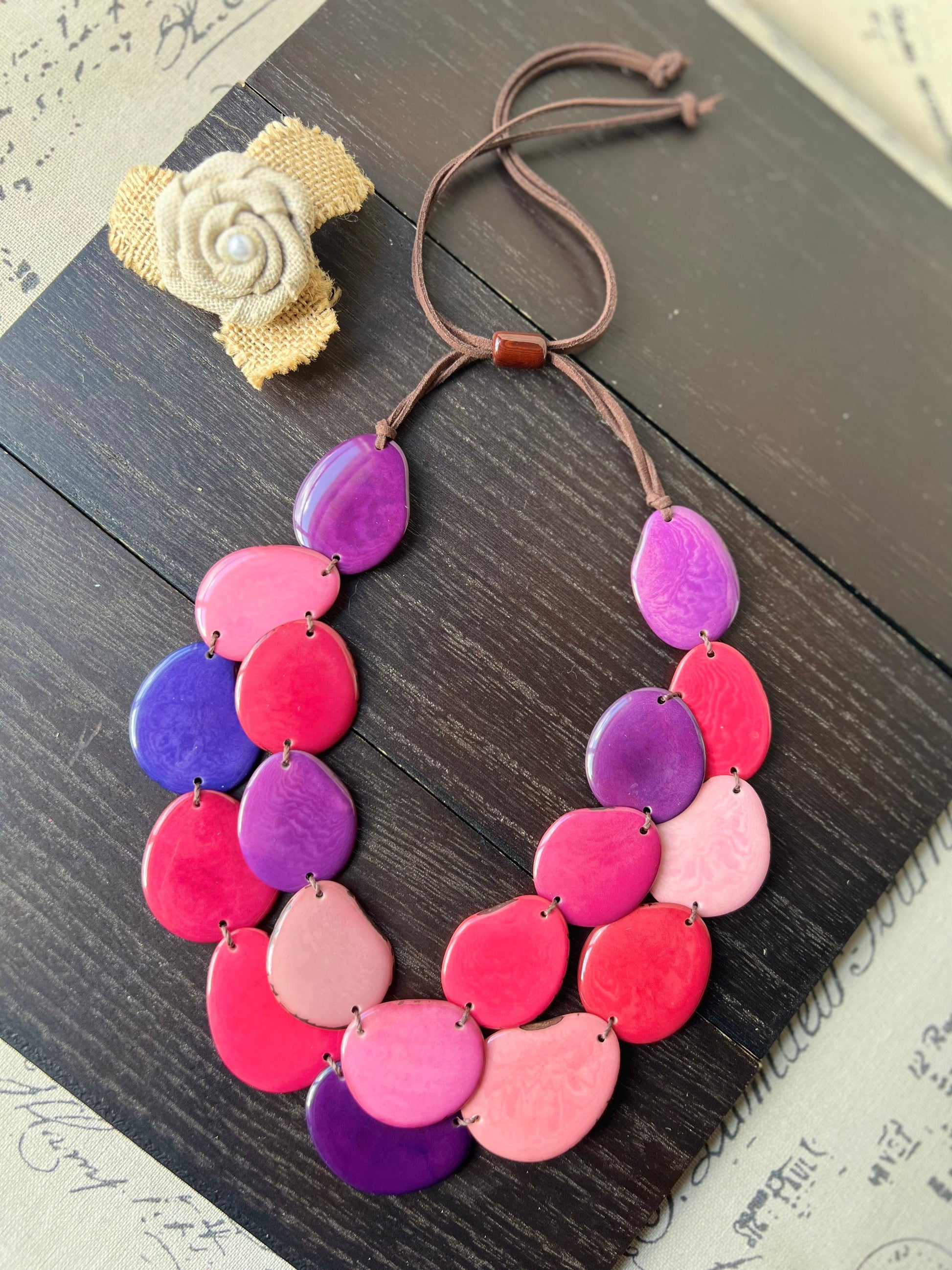 Pink & Purple Tagua Necklace, Adjustable Layered Bib Necklace, Double Layer and Lightweight