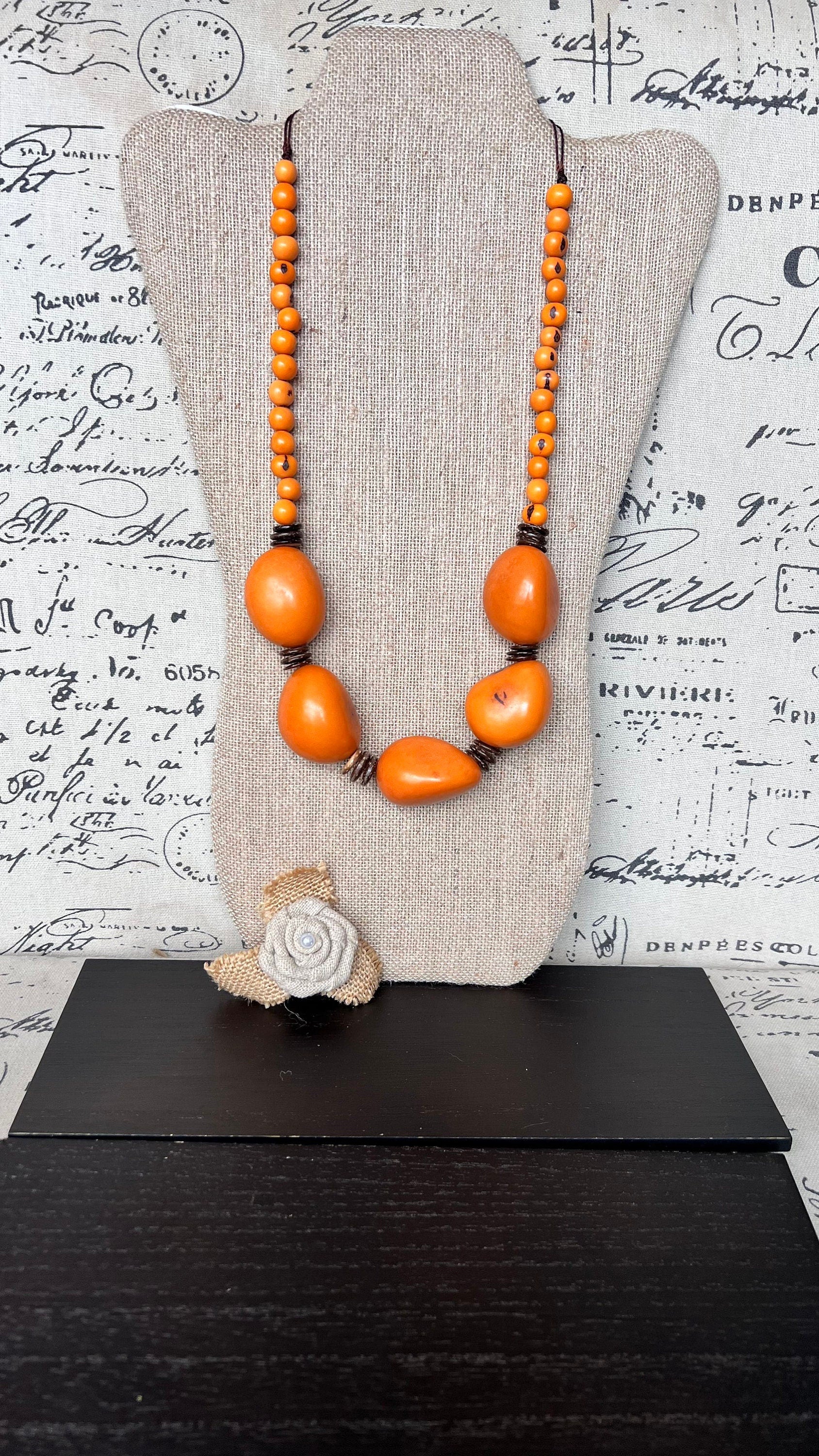 Orange extra long necklace Lightweight adjustable cord necklace Anniversary gifts for wife Art to wear Tagua jewelry Fall fashion 2025s