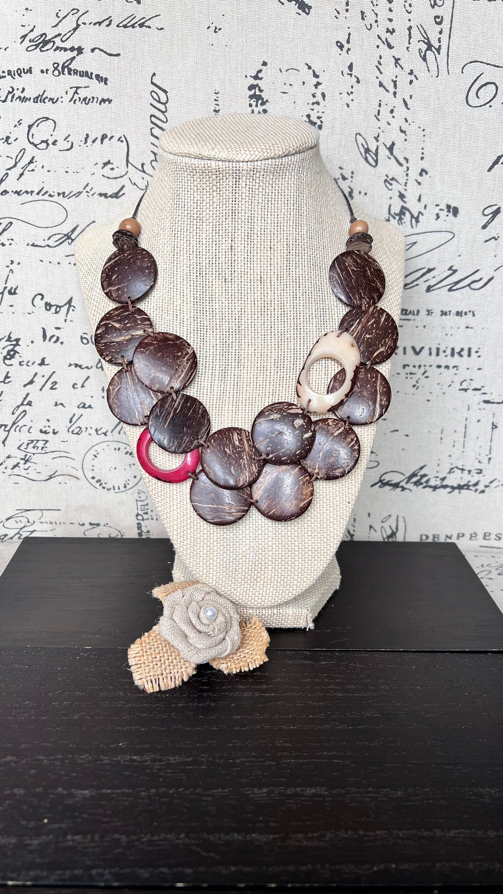Brown statement necklace Tagua and coconut jewelry Adjustable cord Art to wear Sustainable fashion Artisan handmade necklace Cruise wear