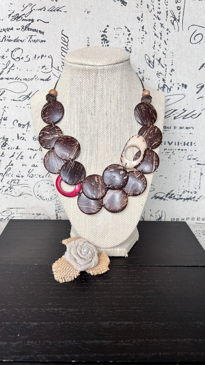 Brown statement necklace Tagua and coconut jewelry Adjustable cord Art to wear Sustainable fashion Artisan handmade necklace Cruise wear