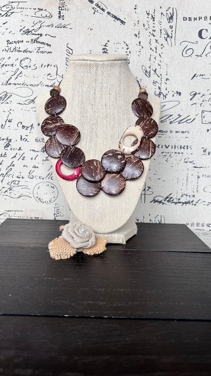 Brown statement necklace Tagua and coconut jewelry Adjustable cord Art to wear Sustainable fashion Artisan handmade necklace Cruise wear