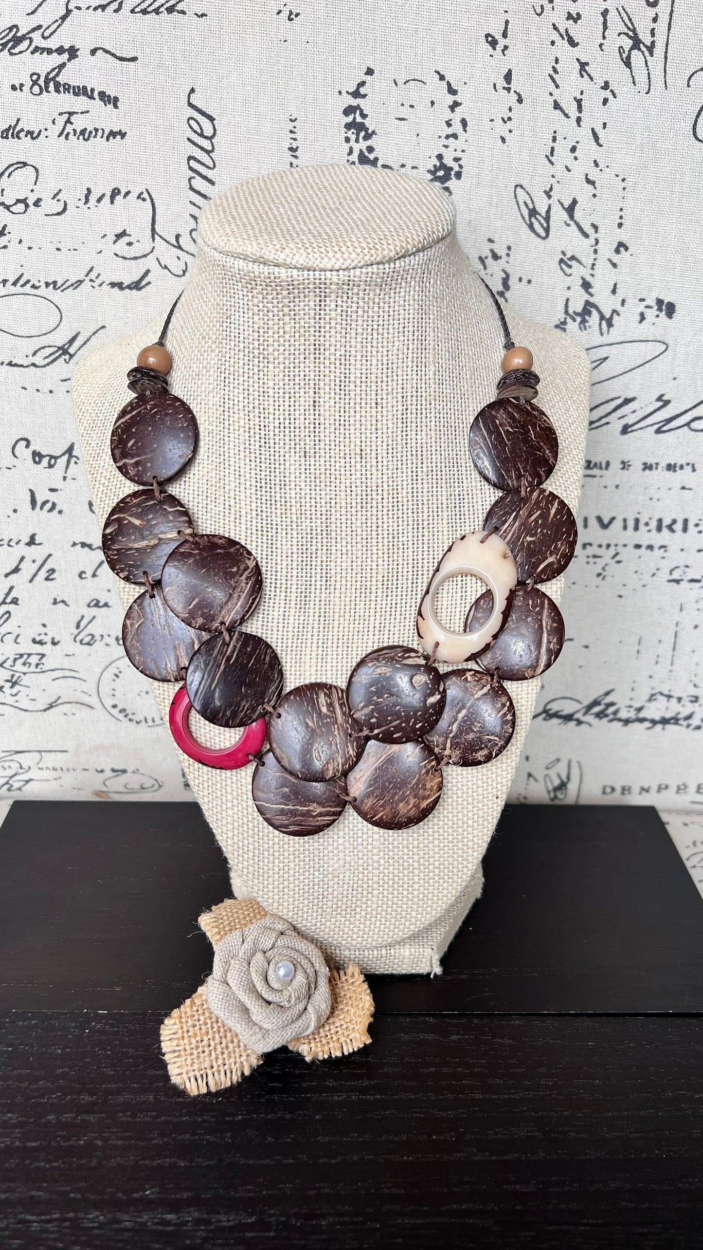 Brown statement necklace Tagua and coconut jewelry Adjustable cord Art to wear Sustainable fashion Artisan handmade necklace Cruise wear