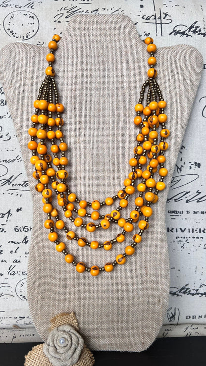 Yellow long necklace Acai jewelry Lightweight statement collar Artisan made in Ecuador Wearable art Fall fashion 2025s Multi layer necklace