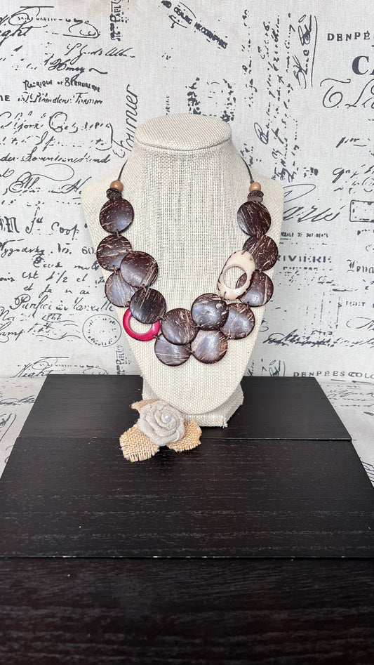 Brown statement necklace Tagua and coconut jewelry Adjustable cord Art to wear Sustainable fashion Artisan handmade necklace Cruise wear