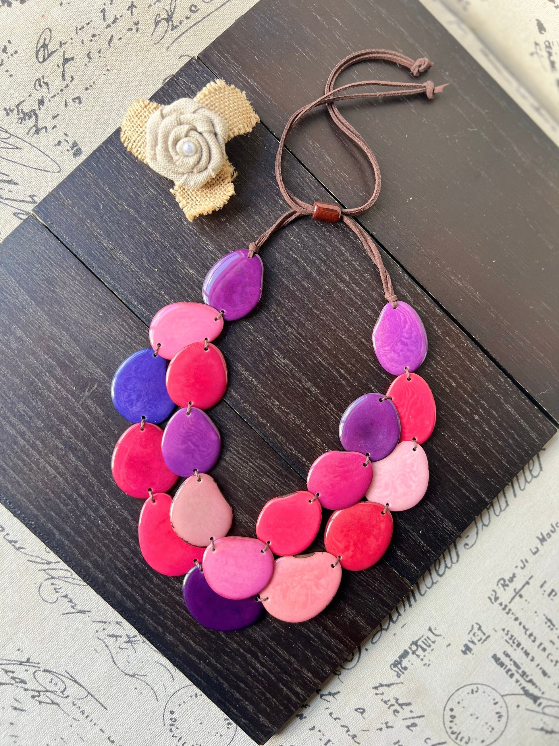 Pink & Purple Tagua Necklace, Adjustable Layered Bib Necklace, Double Layer and Lightweight