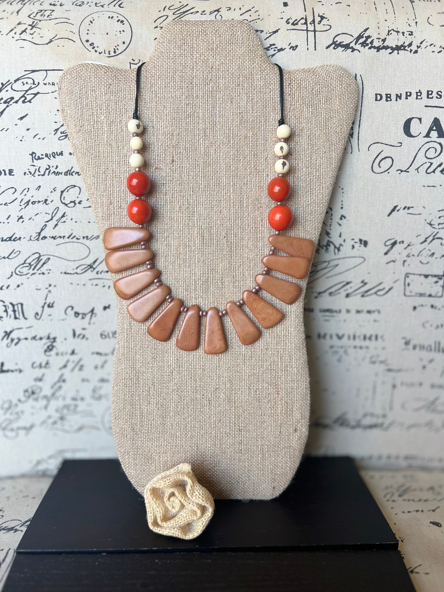Brown statement adjustable necklace Tagua jewelry Fall fashion 2025s Big bold necklaces Wearable art Handmade beaded necklace Artsy gifts