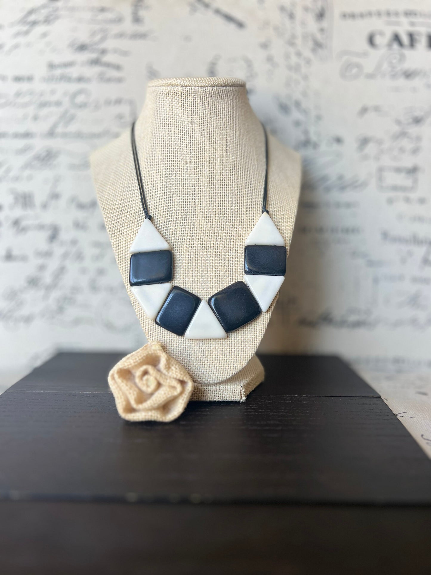 Black and white statement necklace Adjustable cord Tagua nut jewelry Artisan handmade Fall fashion Wearable art Simple bead necklace