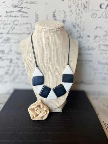 Black and white statement necklace Adjustable cord Tagua nut jewelry Artisan handmade Fall fashion Wearable art Simple bead necklace