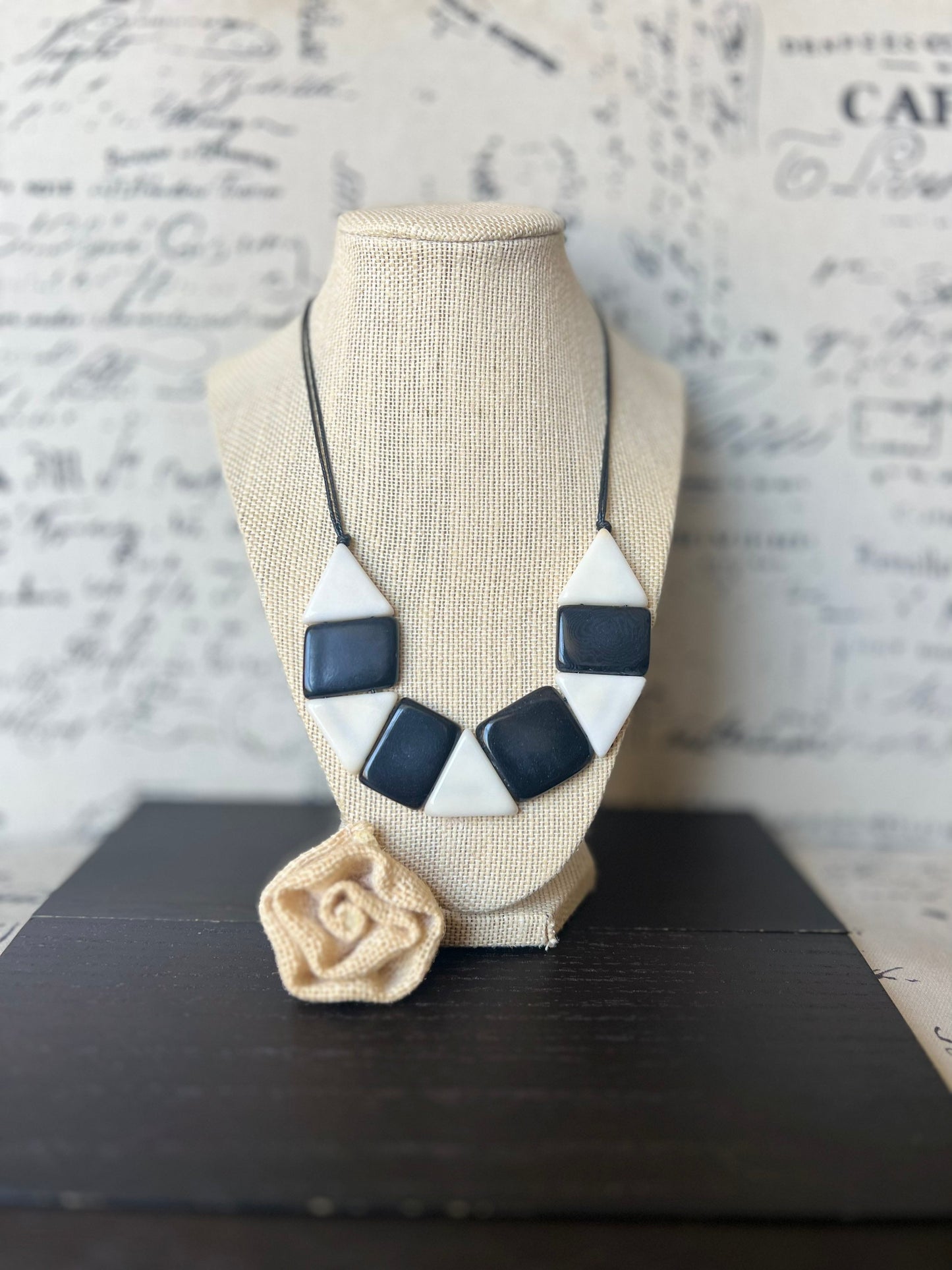 Black and white statement necklace Adjustable cord Tagua nut jewelry Artisan handmade Fall fashion Wearable art Simple bead necklace