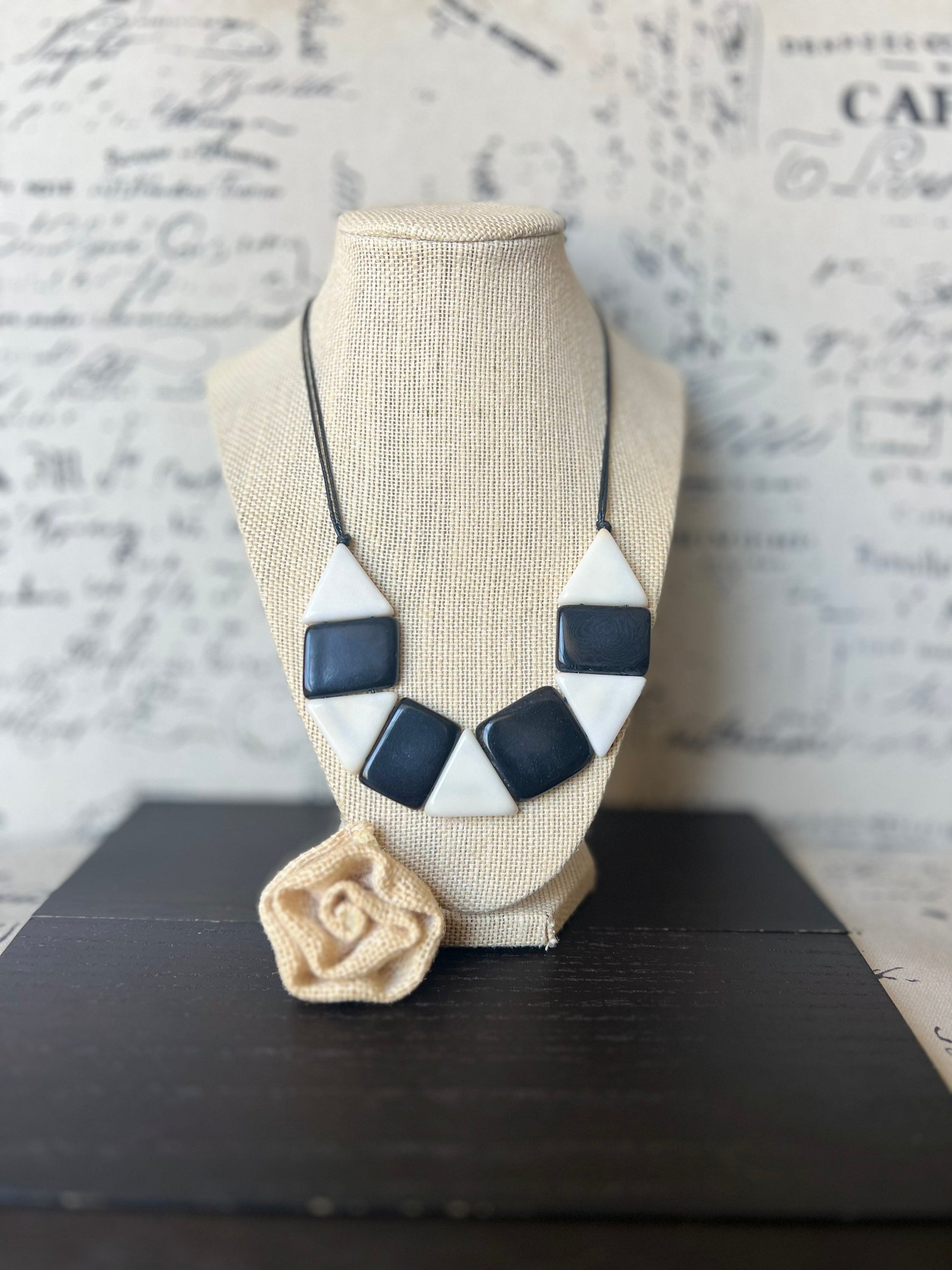 Black and white statement necklace Adjustable cord Tagua nut jewelry Artisan handmade Fall fashion Wearable art Simple bead necklace