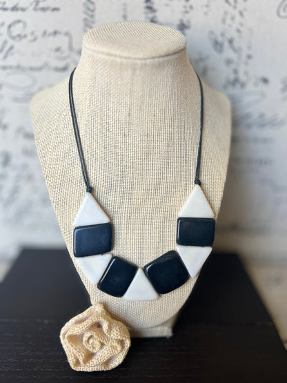 Black and white statement necklace Adjustable cord Tagua nut jewelry Artisan handmade Fall fashion Wearable art Simple bead necklace