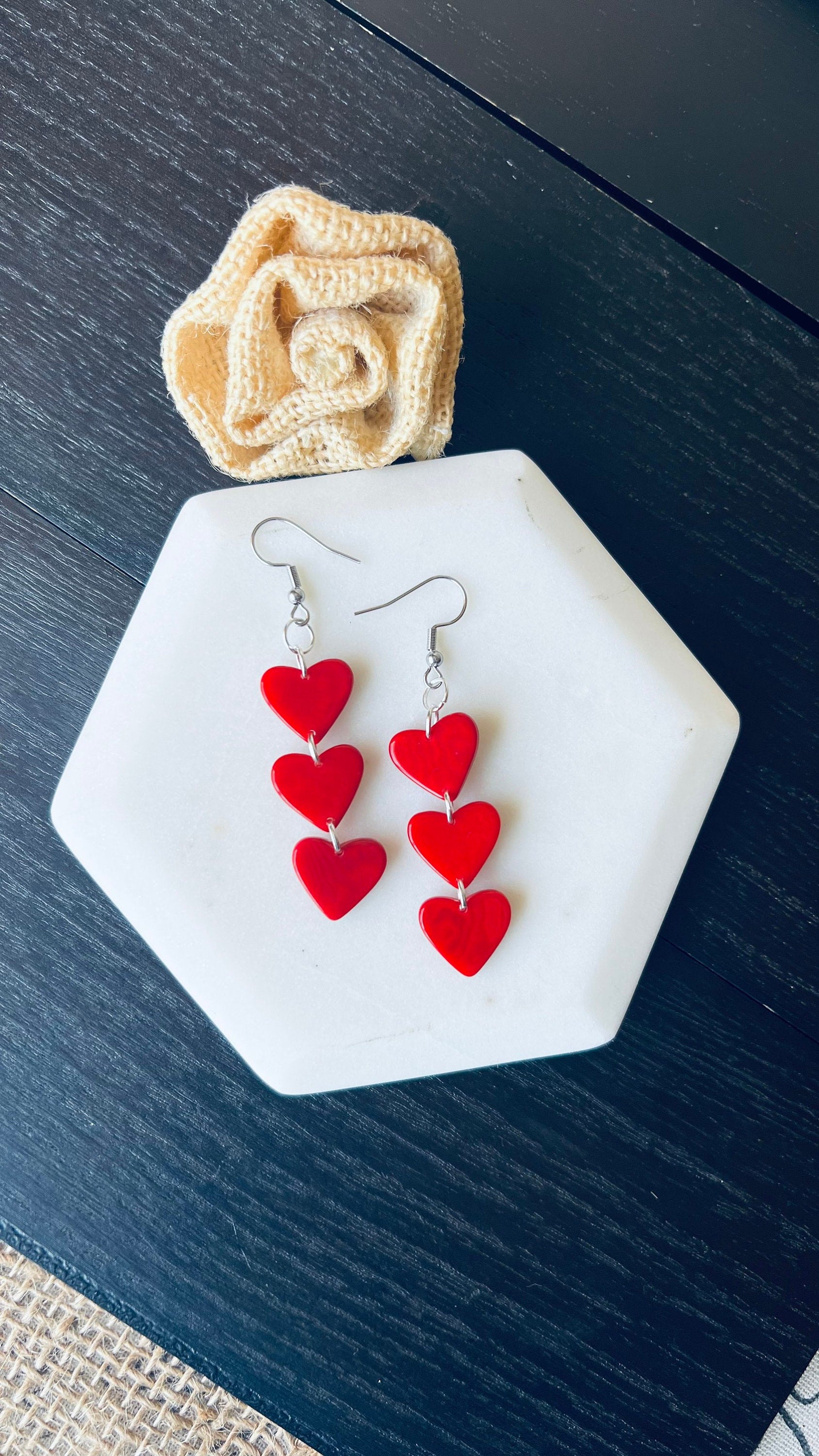 Red heart earrings Dangle and drop earrings Tagua jewelry Love earrings I love you earrings Waterfall drop earrings Fall fashion 2025